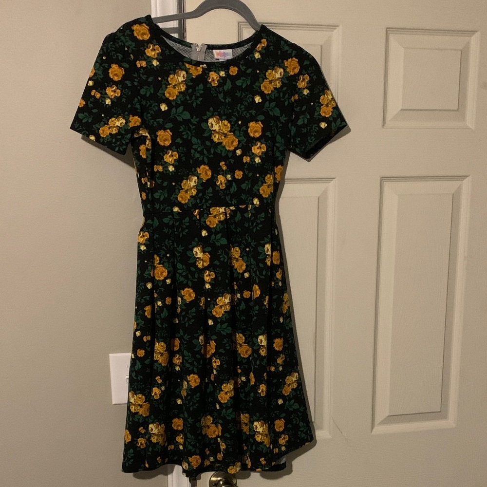 LuLaRoe Amelia Black Dress with Yellow Floral Design